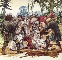 De aartsbisschop van Canterbury wordt beroofd tijdens een reis tijdens het roerige bewind van koning Stefanus. (kleurenlitho)