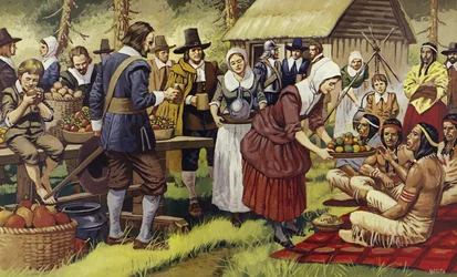 De eerste Thanksgiving in 1621, een jaar nadat de Pilgrim Fathers de Oude Wereld hadden verlaten (kleurenlitho)