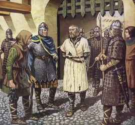 De gevangenneming van koning Stephen (kleurenlitho)