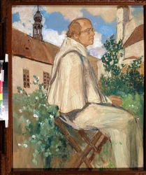 "Portret van Johann Gregor Mendel, monnik en Tsjechische botanicus, grondlegger van de genetica" Schilderij van Mikhail Dmitrievich Ezuchevsky, 1926, State Darwin Museum, Moskou