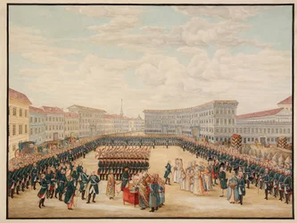 De zegening van de vlag van het Preobrazhensky Regiment in december 1796. Het meest prestigieuze regiment van de Russische keizerlijke garde, opgericht door Peter de Grote (1672-1725).