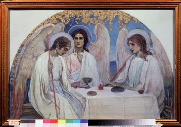 De gastvrijheid van Abraham. De Drie-eenheid van het Oude Testament. Voorstelling van de drie engelen die aan Abraham verschenen bij de eik van Mamre.
