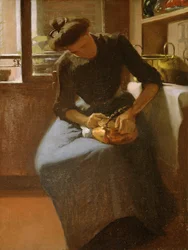 Vrouw die een ketel poetst, ca.1912