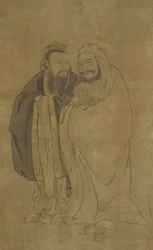 Confucius en Boeddha die een Qilin wiegen