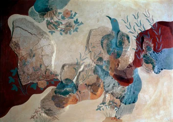Minoïsche kunst: „Blauwe vogel”. Fragment van een fresco uit het Huis van de Fresco