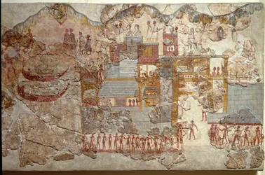 Minoïsche kunst: „Boten”. Fresco uit Akrotiri op Santorini. 16e eeuw v.Chr. Athene, Nationaal Archeologisch Museum.