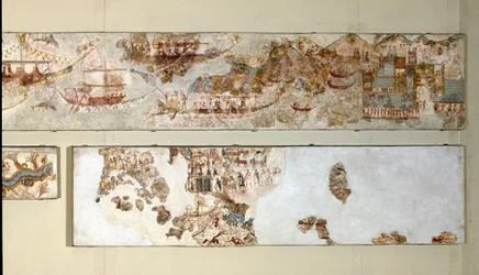 Minoïsche kunst: ‘Vlootexpeditie’. Fresco uit Akrotiri op Santorini. 16e eeuw v.Chr. Nationaal Archeologisch Museum, Athene