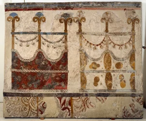 Minoïsche beschaving: voorstelling van twee portalen. Fresco uit het lustrale bassin van het Xeste 3 gebouw van Akrotiri (Thera), Santorini