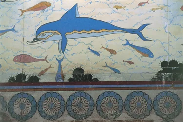Close-up van een muurschildering in een paleis, Paleis van Minos, Knossos, Kreta, Griekenland