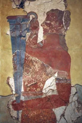 Minoïsche kunst. De „Bekerdrager“, een figuur uit het Processiefresco. Oorspronkelijke reconstructie op basis van de weinige fragmenten die A. Evans op de archeologische vindplaats Knossos vond en die nu worden tentoongesteld in het Archeologisch Museum