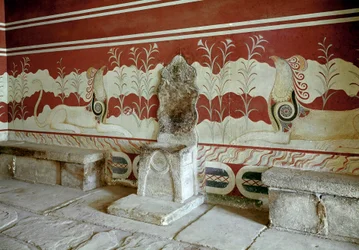 Minoïsche beschaving: uitzicht op de troonzaal van het paleis van koning Minos in Knossos. Kreta