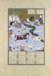 Bahram Gur Prikt de Parende Onagers, Folio 568r uit de Shahnama