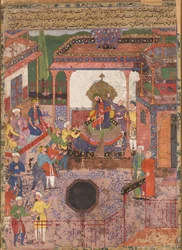 Afgezanten brengen nieuws uit de provincies Khaybar en Chin naar Anoshirvan. Van de Hamzanama