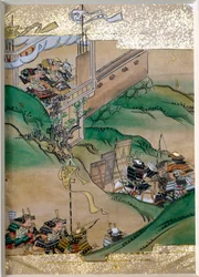 Episode van keizerlijke strijd in Japan (1308-1368). Miniatuur van de Tosa-school (17e eeuw) met bladgoud en parelmoer van oesters. Privécollectie
