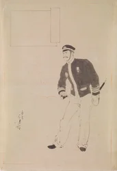 Voorbereidende tekening voor een houtsnede die een Japanse marineofficier tijdens de Sino-Japanse Oorlog afbeeldt