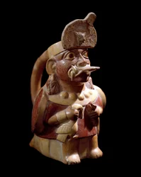 Precolumbiaanse kunst, Mochecultuur (Moche, Mochica): antropomorfe vaas met een priester die twee dieren offert. 200 v.Chr.-700 n.Chr. Lima, Nationaal Museum voor Antropologie en Archeologie