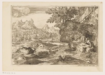 Landschap met de heilige Hiëronymus met twee vechtende leeuwen