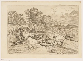 Landschap met drie rustende herders bij een kudde