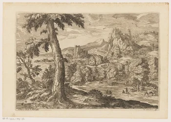 Landschap met figuren langs een rivier