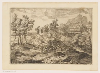 Landschap met herders met een kudde bij een ruïne