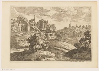 Landschap met ruïnes en herten