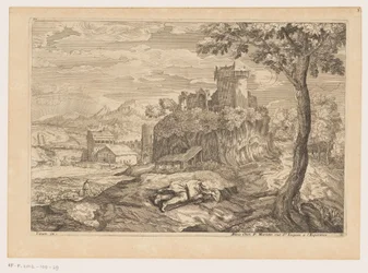 Landschap met rustende herder, op de achtergrond een rivier met brug en watermolen (Landschappen naar Titiaan)