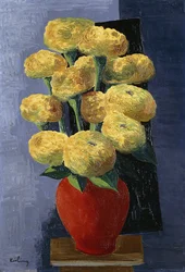 Gele bloemen in een rode vaas; Fleurs Jaunes dans un Vase Rouge