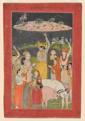 Krishna die de berg Govardhan vasthoudt, Pahari-school (schilderij)
