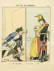 Vliegend blad, nummer 5, satirisch in kleuren: Les fils de cerbere - Commune de Paris/Oorlog/Belegering, Amour - Illustratie door Moloch (1849-1909)