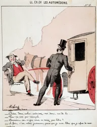 HE. EX. EX. Motoredons: Cartoon over vervoer in de stad. Een bourgeois vraagt een koetsier om hem naar een straat te brengen en is verbaasd dat hij weigert omdat hij vrij is vraagt hij waarom. De chauffeur zegt dat het juist omdat hij vrij is in zijn keuze