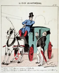 HE. EX. EX. Motoredons: Cartoon over transport in de stad. Een koetsier weigert een bourgeois naar Belleville (wijk van Parijs) te brengen. Tekening door Moloch (1849-1909), rond 1860