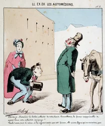 HE. EX. EX. Motoredons: Cartoon van transport in de stad. Een man smeekt een koetsier om hem en zijn vrouw te vervoeren. De hooghartige koetsier weigert de vrouw toe te laten. Tekening door Moloch (1849-1909), rond 1860.