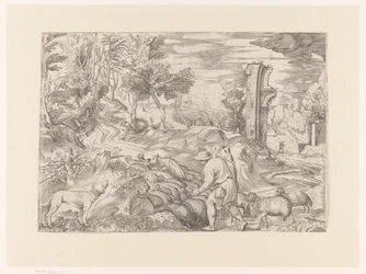 Landschap met herder en kudde schapen
