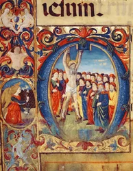 Ms 543 f.5v Geïllustreerde initiaal O met de Kruisiging van St. Andreas, uit een psalter, c.1515