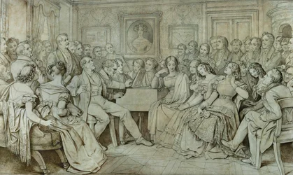 Een avond bij Baron Spaun, Schubert aan de piano, tenor Johann Michael Vogl zingt ... (inkt, sepia)