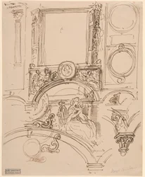 Architectonische details voor een wanddecoratie met keizerin Maria Theresia die de jonge Wolfgang Amadeus Mozart omhelst, c.1864 (pen en inkt)