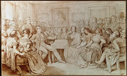 De componist Franz Schubert begeleidt tenor Johann Michael Vogl tijdens een muzikale avond bij Baron von Spaun