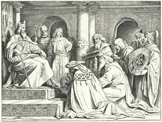 De gezanten van kalief Harun al-Rashid brengen geschenken aan keizer Karel de Grote, 802