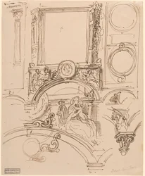 Architectonische details voor een wanddecoratie met keizerin Maria Theresia die de jonge Wolfgang Amadeus Mozart omhelst