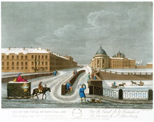 Uitzicht op het Kanaal van Fontanka en de Kazerne, illustratie voor November uit Een Jaar in St. Petersburg geëtst door John H. Clark, ingekleurd door M. Dubourg. uitgegeven 1815 in Londen door Edward Orme
