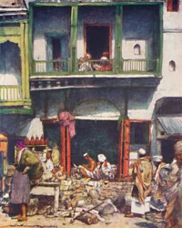 Een drukke bazaar in Delhi, 1905