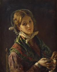 Een breiende vrouw (olieverf op doek)