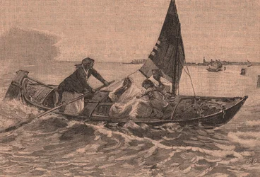 Lagune oversteken, schilderij door Mose Bianchi (1836-1892), Chioggia, Veneto, Italië, houtsnede uit Le cento città d