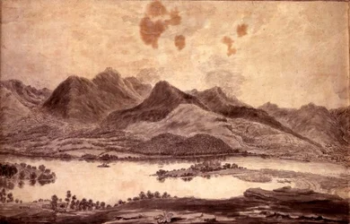 Panoramisch uitzicht op Derwentwater en de Vale of Keswick, detail van het noordelijke uiteinde van Derwent Water, ca. 1772
