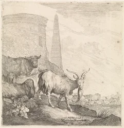 Geiten en koeien bij een ronde toren met een obelisk