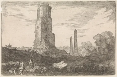 Landschap met twee obelisken en de 