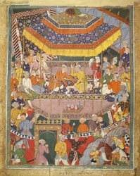 Alamshah spreekt met Qubad, illustratie uit de Hamza Nama, ca. 1555-57