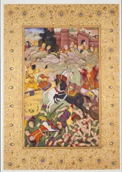 Gevechtsscène: De Pandavas onder leiding van Krishna
versus de Kaurava