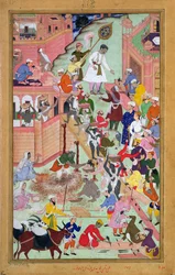 Keizer Akbar (r.1556-1605) inspecteert de bouwwerkzaamheden in Fatepur Sikri, stad voltooid in 1584, uit de Akbarnama, 1590-98