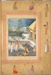 Harem nacht-badscène (recto): kalligrafie omlijst door een decoratieve rand van bloemen en vogels (verso), ca. 1650